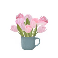 Cute pink tulips bouquet in watering can, isolated on white graphic watercolor hand drawn illustration flowers spring garden card easter Isolated on white background