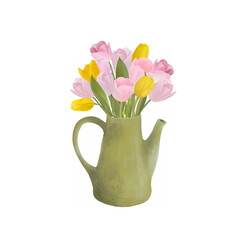 Yellow and pink tulips bouquet in a green jug, isolated on white graphic watercolor hand drawn illustration flowers spring garden card easter Isolated on white background