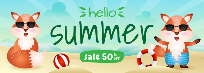 Fototapeta premium summer sale banner with a cute fox in beach