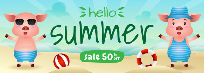Fototapeta premium summer sale banner with a cute pig in beach
