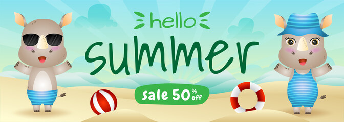 summer sale banner with a cute rhino in beach