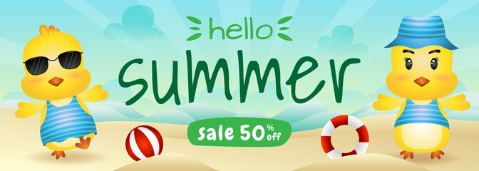 summer sale banner with a cute chick in beach