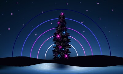 Decorated New Year tree, starry night, water surface reflections. Beautiful festive scene. Christmas vector illustration.