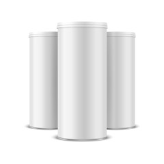 Three Vector 3d Realistic Blank White, Black Metal Tin Can with Lid, Canned Food, Potato Chips Packaging Set Isolated On White Background. Small Size. Design Template, Mockup. Front View