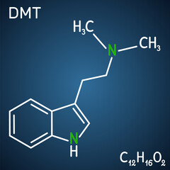 N,N-Dimethyltryptamine, dimethyltryptamine, DMT molecule. It is tryptamine alkaloid, indoleamine derivative, serotonergic hallucinogen. Structural chemical formula on the dark blue background