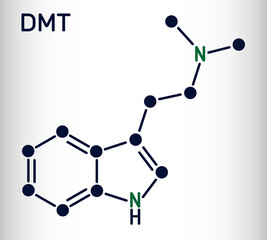 N,N-Dimethyltryptamine, dimethyltryptamine, DMT molecule. It is tryptamine alkaloid, indoleamine derivative, serotonergic hallucinogen. Skeletal chemical formula
