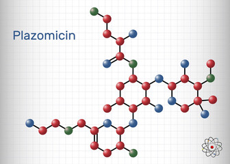 Plazomicin, molecule. It is aminoglycoside antibiotic used for urinary tract infections or pyelonephritis. Sheet of paper in a cage