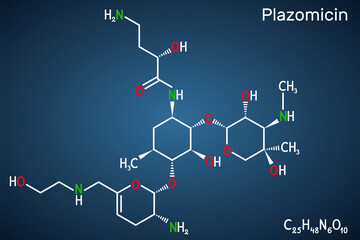 Plazomicin, molecule. It is aminoglycoside antibiotic used for urinary tract infections or pyelonephritis. Structural chemical formula on the dark blue background
