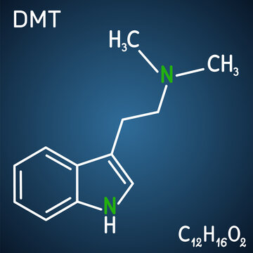 N,N-Dimethyltryptamine, dimethyltryptamine, DMT molecule. It is tryptamine alkaloid, indoleamine derivative, serotonergic hallucinogen. Structural chemical formula on the dark blue background