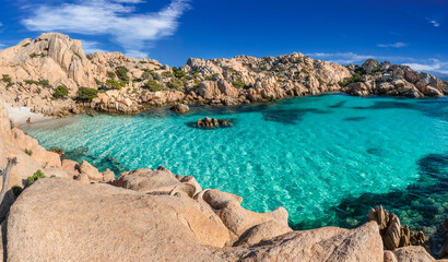 Panoramic view of Cala Coticcio on the island of Caprera, located in the La Maddalena archipelago...