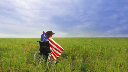 Handicapped with USA flag on natural landscape background . Outdoor