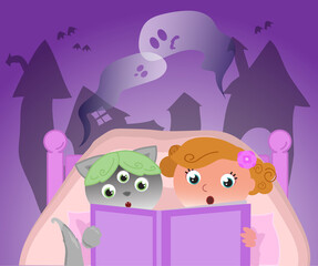 Girl and cute alien in bed reading a Halloween story, vector illustration