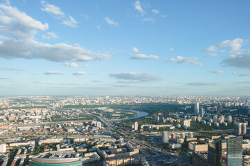 Aerial view of Moscow city in summer. View from the observation platform of the business center of Moscow City. Photography from a height of 354 meters.