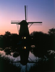 netherlands, kinderdijk, windmill, river, evening, holland, silhouette, mill, light, illuminated,...