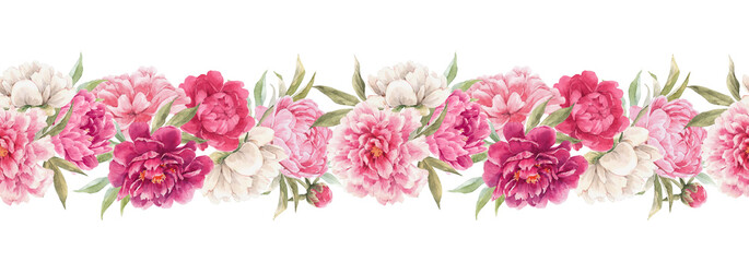 Beautiful seamless floral horizontal pattern with hand drawn watercolor gentle pink peony flowers. Stock illuistration.