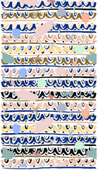 Abstract ethnic inspired modern boho art print quirky linocut silk screen. Repetitive organic hand drawn pattern. Calligraphic felt tip pastel colour waves curls border motif. Low-fi retro home decor
