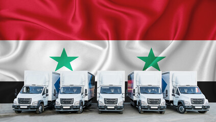 Syria flag in the background. Five new white trucks are parked in the parking lot. Truck,...