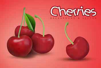 Cherry. Sweet fruit. 3d vector icons set. Realistic illustration