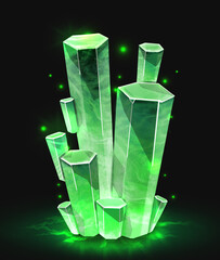 green stone, crystal image in high resolution. game fantasy icon of a glowing mineral.