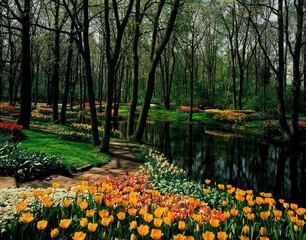 Obraz premium park, pond, flower bed, spring, beds, flower beds, tulips, tulip bed, flowers, bloom, blossom, plants, vegetation, botany, nature, season, body of water, trees, 