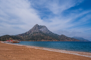 Beach in Adrasan village in Antalya Province, Turkey. May 2021