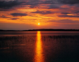 Fototapeta na wymiar scandinavia, lake, sunset, nature, evening, evening sun, water, waters, reflection, orange, sun, picturesque, idyllic, silence, calm, nobody, 