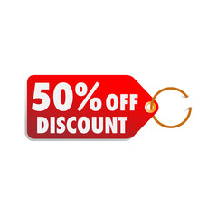 isolated red sale tag 50% discount offer white background