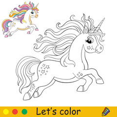 Cartoon running unicorn with rainbow mane and tail coloring