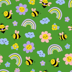 Cute hand-drawn pattern with bees, rainbow, clouds and flowers. Cartoon style. Design for fabric, textile, wallpaper, packaging.