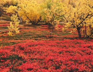 lapland, taiga, berry bushes, trees, autumn, nature, vegetation, birch, bushes, berries, deciduous trees, autumn colour, forest floor, autumnal, shrubs, red, yellow, 