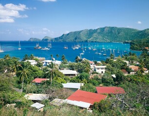 Obraz premium grenadines, bequia, british leeward islands, overview, boats, anchor, grenadine islands, west indies, 