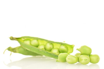 Two ripe organic, green pea pods, close-up, isolated on white.