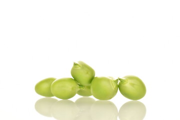 Several ripe green peas, close-up, isolated on white.