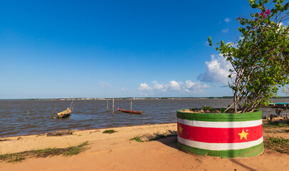 Albina, Suriname - September 2020: Flag Of Suriname Painted On Plant Pot At The French Guiana...
