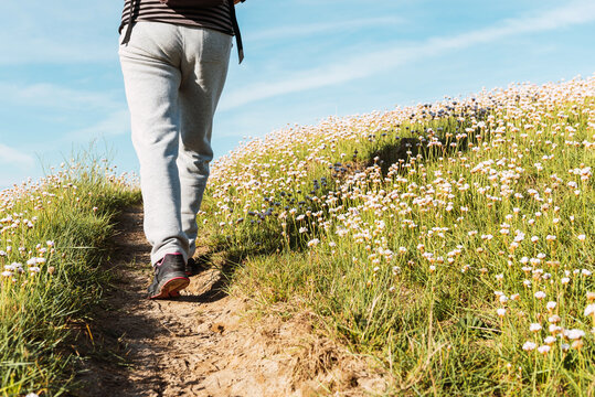 Legs Of Unrecognizable Person Wearing Sports Shoes Walking Through A Flower Field On A Sunny Spring Or Summer Day. Healthy Life Style. Senior Citizens.