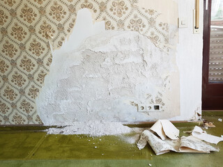 Water damage and break down of the wall in living room, from rising capillary moisture