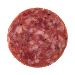 Single slice of dry salami on a white background.