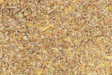 Close view of freshly ground flaxseed meal.