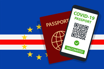 Covid-19 Passport on Cape Verde Flag Background. Vaccinated. QR Code. Smartphone. Immune Health Cerificate. Vaccination Document. Vector