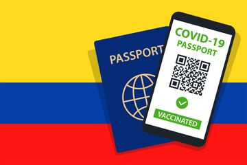 Covid-19 Passport on Colombia Flag Background. Vaccinated. QR Code. Smartphone. Immune Health Cerificate. Vaccination Document. Vector