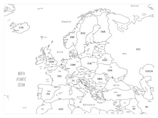 Political map of Europe. Black outline hand-drawn cartoon style illustrated map with bathymetry. Handwritten labels of country, capital city, sea and ocean names. Simple flat vector map.