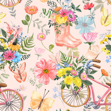 Watercolor floral bicycle seamless pattern. Pretty botanical print with hand painted pink bike, colorful wild flowers, butterflies on pastel pink background.