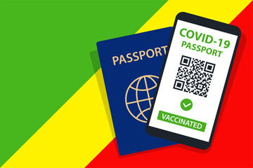 Covid-19 Passport on Congo Flag Background. Vaccinated. QR Code. Smartphone. Immune Health Cerificate. Vaccination Document. Vector