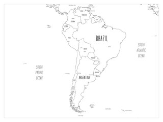 Political map of South America. Black outline hand-drawn cartoon style illustrated map with bathymetry. Handwritten labels of country, capital city, sea and ocean names. Simple flat vector map.