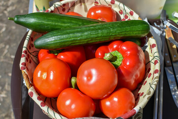 Fresh vegetables on table on sunny summer day. Tomatoes, cucumbers and bell peppers for salad making. Healthy food, getting vitamins and nutrients from food, vegetarianism