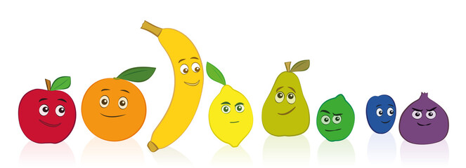 Comic fruits, rainbow colored set with smiling and funny faces. Apple, orange, banana, lemon, pear, lime, plum and fig. Isolated vector illustration on white background.
