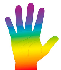 Rainbow colored hand. Colorful palm of the hand. Isolated vector illustration on white background.
