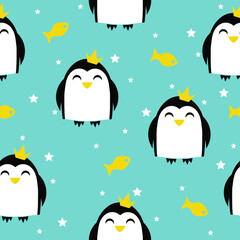 Children's seamless pattern with penguins and ice. Penguins princes with crowns and stars.
