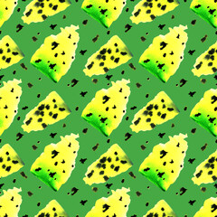 Square abstract Watercolor bright pattern with yellow spots and little black stains,in african style.On green background.