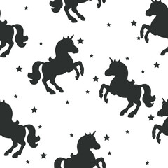 Seamless pattern with black unicorns,  stars on white background.
